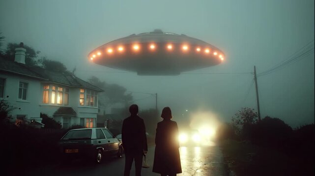 A man and woman witness a large extraterrestrial flying saucer hovering above a misty suburban street at night, science fiction concept footage.