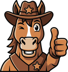A friendly cartoon horse character wearing a cowboy hat and sheriff's vest, winking and giving a thumbs-up gesture.
