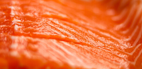 Close up of fresh raw salmon fillet with natural orange color and texture, visible lines of healthy...