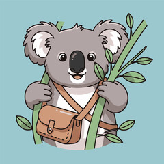 Cute cartoon koala with a satchel bag climbing a tree branch.