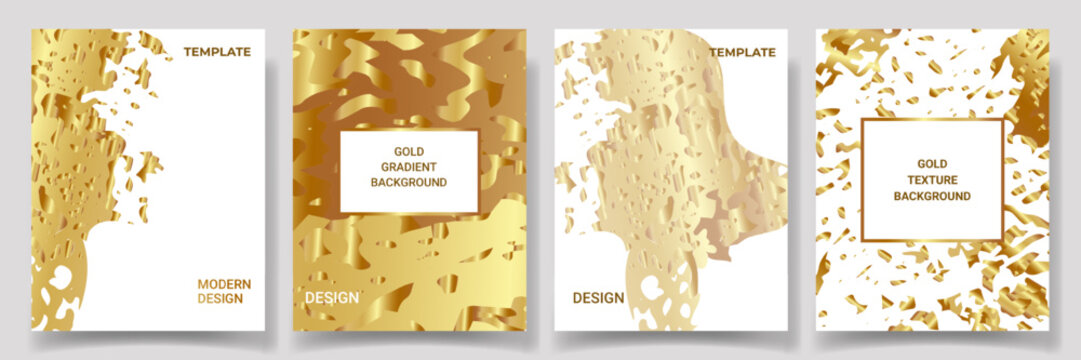 A collection of gold metallic distressed textured backgrounds with gradients and abstract shapes. Gold brass texture. Grunge wall texture. luxury branding, packaging, invitations, premium design 