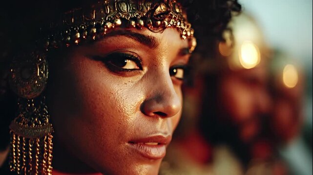 A beautiful african american woman with ancient golden jewelry opens her eyes in sequence close up on a warm background, footage.