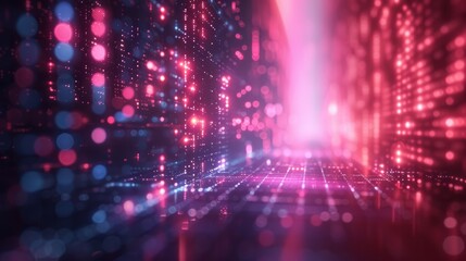 Abstract digital technology background with glowing neon data lights. Futuristic cyber network concept with pink and blue matrix flow. Big data stream illustration