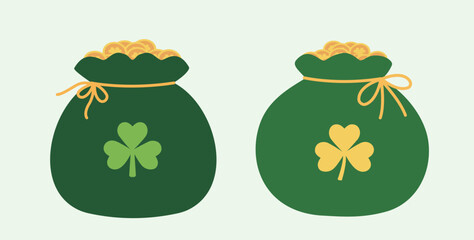 Set of St.Patrick's Day green money bag with many gold coins flat vector illustration. 
Clipart of a St. Patrick's Day money bag featuring green clover and gold coins.