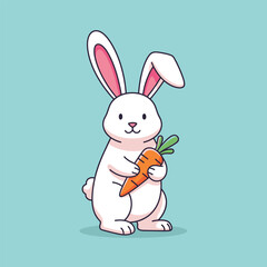 Cartoon illustration of a white rabbit holding a carrot on a blue background.