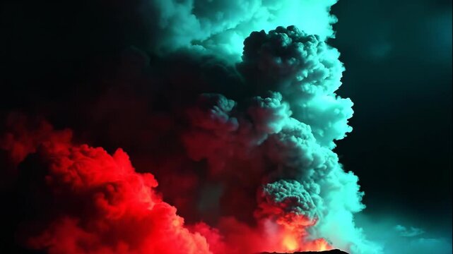 Volcanic eruption sequence with red lava flowing from crater. Magma expulsion and rising smoke plumes in natural geological event.
