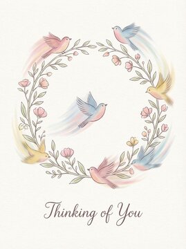 A whimsical illustration featuring colorful birds and floral elements, encircling the phrase "Thinking of You," conveying a sense of warmth and connection.