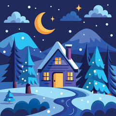 &ldquo;Cozy winter landscape illustration with a small cabin, snowy hills, pine trees, crescent moon, soft glowing windows, and falling snow &mdash; flat vector style, smooth gradients, bright cool colors.