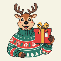 Cartoon reindeer wearing Christmas sweater holding a gift box.