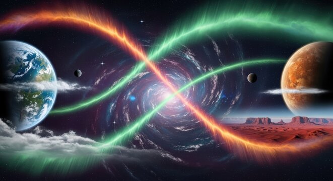 Interstellar cosmic connection, two planets linked by glowing energy streams across a swirling galaxy.