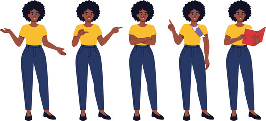 African American Woman Character Poses Set, Casual Style, Diverse Female Person Standing and Presenting, Holding Book, Hand Gestures, Arms Crossed, Young Adult, Isolated Vector Illustration