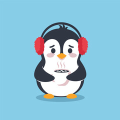 A cute cartoon penguin wearing red earmuffs holds a steaming hot cup to stay warm.