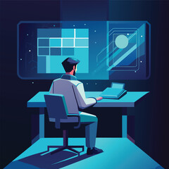 Man Working at Desk in Augmented Reality Futuristic Setting