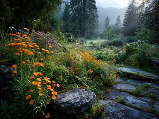 flower garden beautiful design path park backyard lush bloom eden flowerbed. pond flower garden beautiful butchart formal color perennial vancouver summer road landscape sunny nature lily walk day