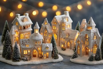 Fototapeta premium Illuminated miniature ceramic winter village scene displays cozy glowing windows and surrounding snowy bottle brush trees