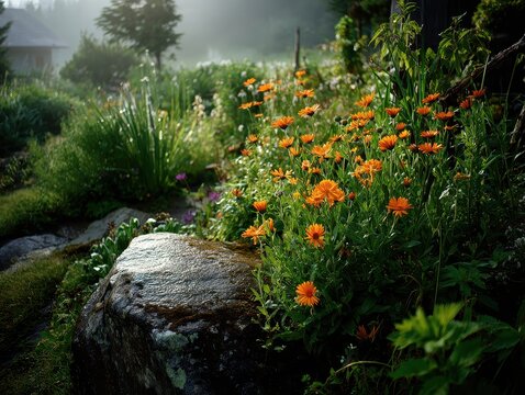 flower garden beautiful design path park backyard lush bloom eden flowerbed. pond flower garden beautiful butchart formal color perennial vancouver summer road landscape sunny nature lily walk day - Powered by Adobe
