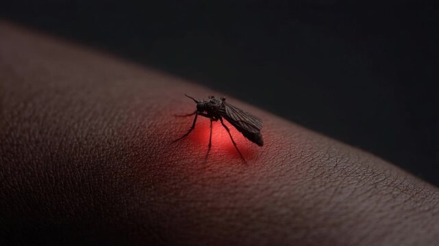 Close-Up View of Mosquito with Glowing Effect on Human Skin in Dark Environment 4k video footage