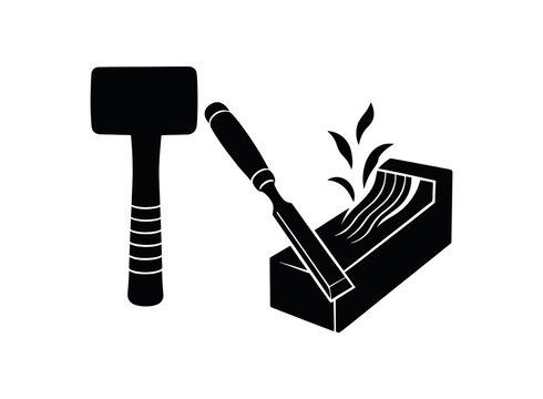 Chisel and mallet beside carved black silhouettes with grip and chip lines woodworking moment