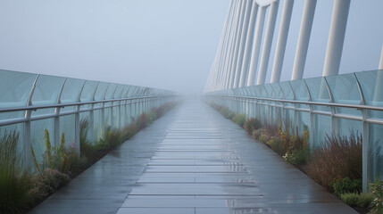 Obraz premium Transparent solar-glass pedestrian bridge surrounded by greenery in a futuristic eco-city. Sleek pedestrian bridge made from transparent solar glass, soft reflections, plant lined walkway edges.