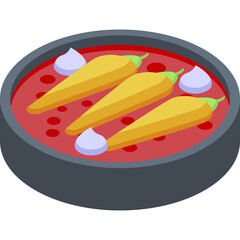 Isometric Bulgarian Food Icons Set Featuring a Dish with Red Sauce Yellow Peppers and White Dollops Against a Transparent Background
