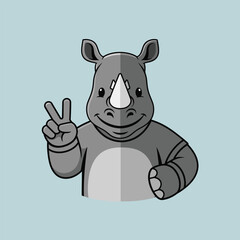 Naklejka premium A friendly cartoon rhinoceros with a gray body and a peace sign gesture against a light blue background.