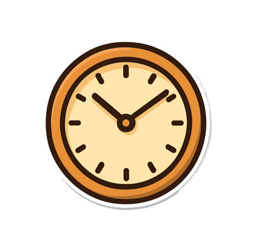 Single clock with wooden frame flat vector style bold outline sticker look bright warm palette isolated on transparent background centered no face