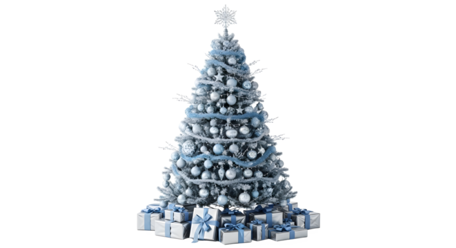 Silver Christmas Tree with Gifts isolated on transparent background