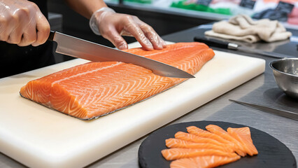 Professional Chef Slicing Fresh Salmon Fillet on Cutting Board