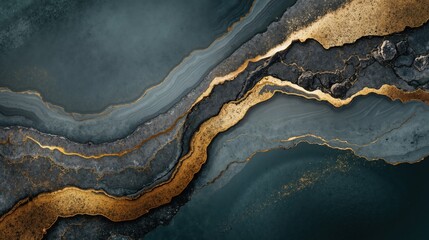 Abstract gold and blue marble texture with fluid, metallic, and stone elements, background