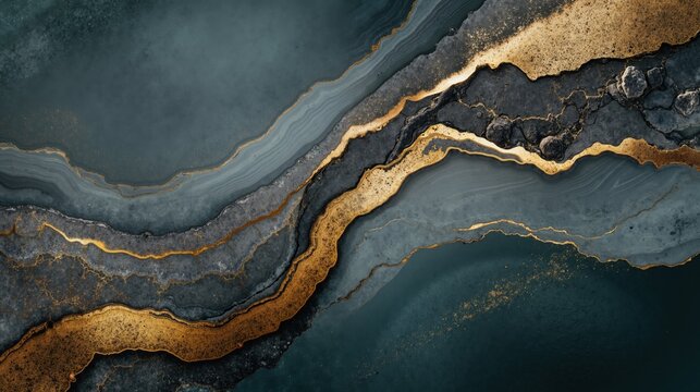 Abstract gold and blue marble texture with fluid, metallic, and stone elements, background