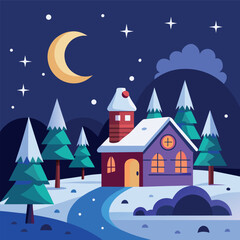 Fototapeta premium “Cozy winter landscape illustration with a small cabin, snowy hills, pine trees, crescent moon, soft glowing windows, and falling snow — flat vector style, smooth gradients, bright cool colors.