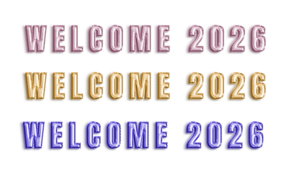 Welcome 2026 foil balloon letters pink gold blue on transparent