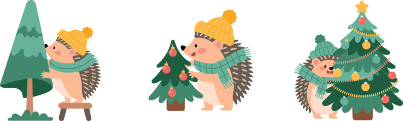 Cartoon hedgehog decorating Christmas trees in festive winter scenes, joyful holiday vector illustration for seasonal design, celebration, greeting cards, and children’s themes.