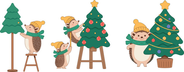 Cartoon hedgehogs decorating Christmas trees in joyful winter scenes, festive holiday vector illustration for seasonal design, teamwork, celebration, and children’s themes.