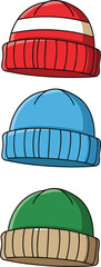 Colorful knitted winter beanie hats with folded brims in cartoon style, featuring warm cozy designs ideal for cold weather fashion, seasonal apparel, and vector illustrations