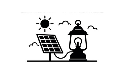 Solar lantern charging outdoors black silhouette with panel and base line details clean energy lifestyle
