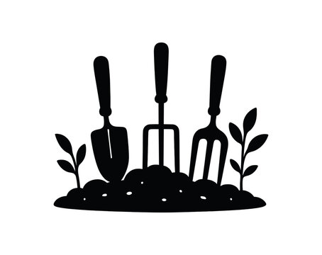 Garden tools resting on soil patch black silhouette with handle and trowel lines flat eco home activity