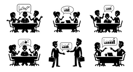 Business people discussing strategies and growth charts in various meeting scenarios black and white vector art team collaborating presenting ideas shaking hands during business discussion