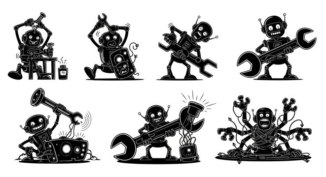 Robot characters engaged in various maintenance and repair tasks black and white vector art assembling fixing broken parts holding large wrench working on machinery tangled with wires
