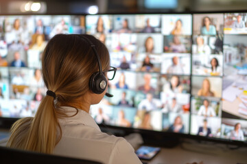 A woman wearing a headset is looking at a computer screen with a large number of