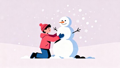 A child in a red jacket builds a snowman in a snowy landscape, enjoying a winter day filled with snowflakes.