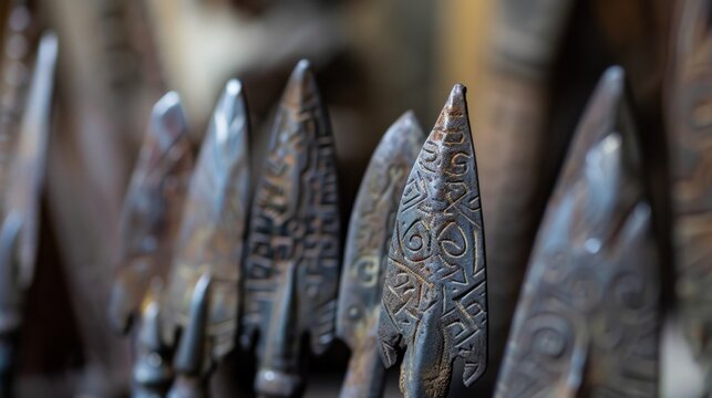 Close-up of traditional metal spear tips with intricate designs. The background is blurred, highlighting the craftsmanship and details of the spears.