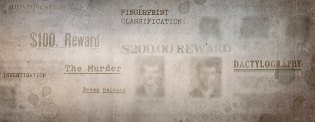 Artistic digital illustration inspired by old crime news. Сlippings of crime news, police fingerprint are placed on a vintage background. Retro background on the theme of detective, investigation.