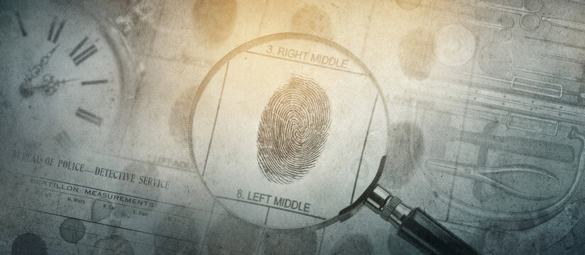 Magnifier, fingerprint, blood drops, watch, medical instrument, police form.  Background on the theme of crime, police, detective, investigation, consequent; inquiry; inquest. 