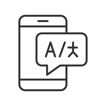 Translator smartphone icon in line design. translator, language change, mobile translation, speech translate, smartphone language app, communication, multilingual tool, language switch on white