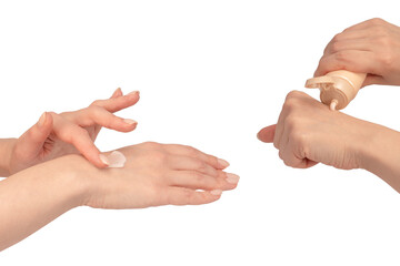 Beige cream tube in woman hands isolated on a white background. Cream swatch on woman hand.