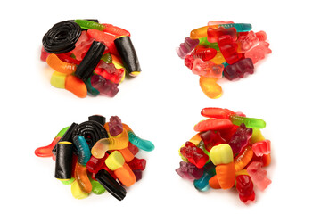 Assorted colorful gummy candies isolated on a white background. Top view. Jelly  sweets.