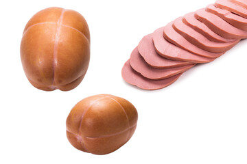 Boiled sausage isolated on white.