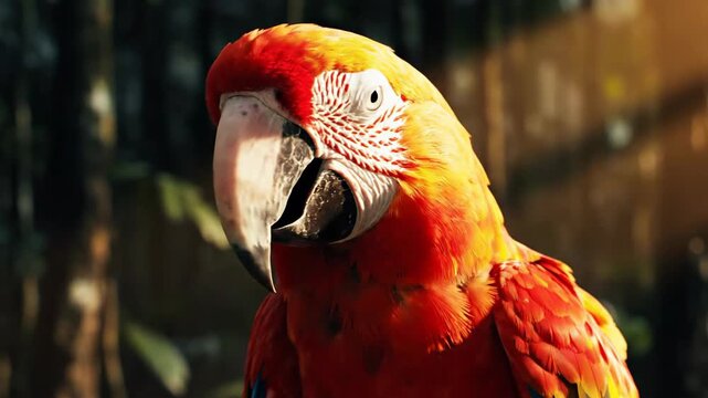 Close-up of a colorful parrot with red, yellow, and blue feathers in a jungle setting