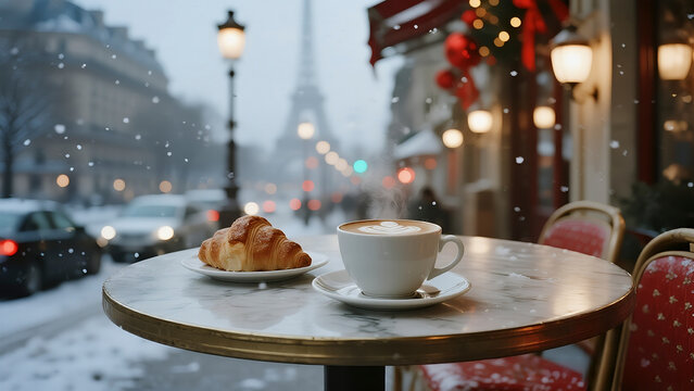 A steaming cup of latte with rosetta art sits on a small marble bistro table against a backdrop of blurred Parisian Christmas lights and snow